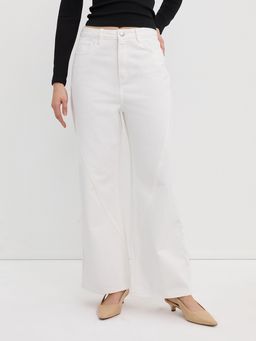 Pomelo - High Waisted Wide Leg Trousers with Seam Detail - White