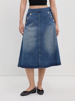 Pomelo - High Waisted A-Line Midi Skirt Gold Button Detail - Blue