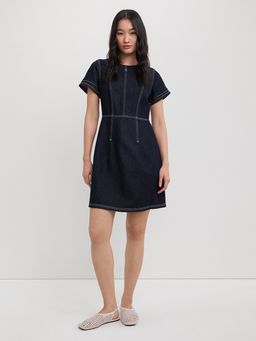 Pomelo - Short Sleeve Denim Mini Dress with Back Zipper - Dark Navy