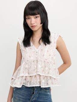 Pomelo - V Neck Sheer Ruffle Tiered Lace Peplum Blouse - Light Pink