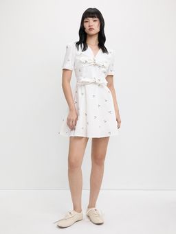 Pomelo - V Neck Puff Sleeve Mini Dress Bow Detail - White
