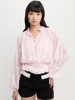 Pomelo - High Neck Frill Collar Striped Blouse - White