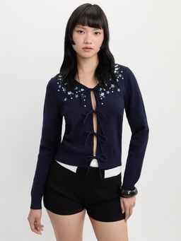 Pomelo - V Neck Long Sleeve Knit Cardigan Floral Embroidery - Navy