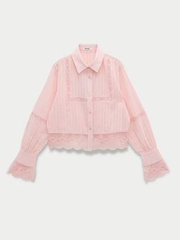 Pomelo - Long Sleeve Button Up Shirt Scalloped Lace Hem - Light Pink
