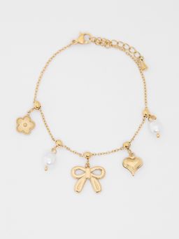 Pomelo - Link Chain Charm Bracelet with Ribbon Bow and Pearl Flower