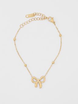 Pomelo - Link Chain Necklace with Ribbon Bow and Gold Bead Accents - Gold