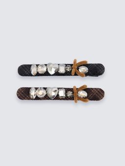 Pomelo - Heart Crystal and Velvet Ribbon Plaid Snap Hair Clip Set