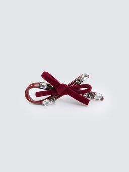 Pomelo - Velvet Ribbon Layered Resin Hair Clip with Clear Rhinestone Details