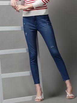 SHOWOFF - Womens Low Distress Skinny Fit Blue Denim Jeans