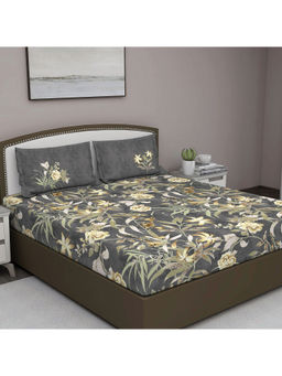 GM - Grey Floral 210 Tc Cotton Queen Bedsheet With 2 Pillow Covers