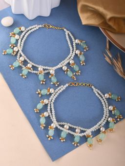 Silvermerc Designs - Trending Mint Green Pearls-Studded Gold Tone Anklets