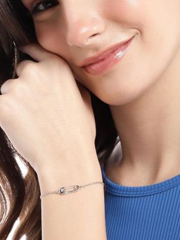 Carlton London - 925 Sterling Silver Rhodium Plated with Cz Safety Pin Charm Bracelet