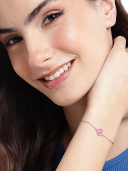 Carlton London - 925 Sterling Silver Rhodium Plated Pink Heart Enamel Charm Bracelet