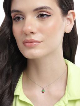 Carlton London - 925 Sterling Silver Rhodium Plated Enamel Cactus In A Pot Necklace