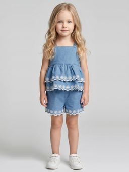Creative Kids - Girls Blue Embroidered Top with Shorts