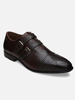 EZOK - Genuine Leather Brown Solid Formal Monk For Men