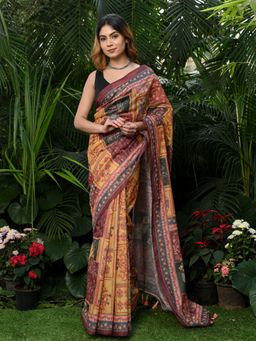 Beatitude - Multicolor Printed Cotton Kalamkari Saree with Unstitched Blouse