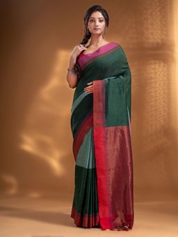 Arhi - Bottle Green Pure Cotton Handwoven Soft Saree with Zari Pallu