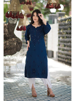 RANGREZA ETHNIC - Bloom Navy Blue Embroidered Chikankari Kurta