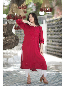 RANGREZA ETHNIC - Bloom Maroon Embroidered Chikankari Kurta