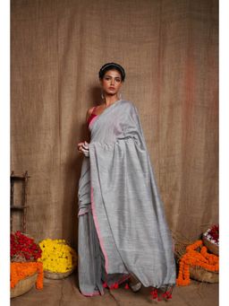 Unnati Silks - Pale Grey Pure Plain Cotton Linen Saree with Tassels UNM72838 with Unstitched Blouse