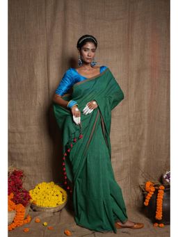 Unnati Silks - Green Pure Plain Cotton Linen Saree with Tassels UNM72839 with Unstitched Blouse