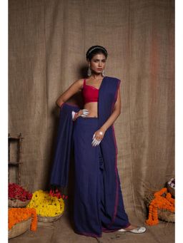 Unnati Silks - Navy Blue Pure Plain Cotton Linen Saree with Tassels UNM72840 with Unstitched Blouse