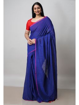 Unnati Silks - Navy Blue Pure Plain Cotton Linen Saree with Tassels UNM72844 with Unstitched Blouse