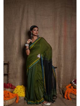Unnati Silks - Olive Green Black Pure Plain Linen Saree with Tassels UNM72856 with Unstitched Blouse