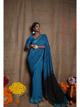 Unnati Silks - Blue Black Pure Plain Linen Saree with Tassels UNM72857 with Unstitched Blouse