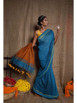 Unnati Silks - Blue Bronze Orange Pure Plain Linen Saree with Tassels UNM72859 with Unstitched Blouse