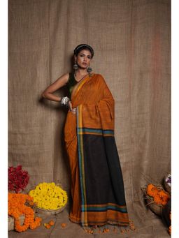 Unnati Silks - Bronze Orange Black Pure Plain Linen Tassels Saree UNM72861 with Unstitched Blouse
