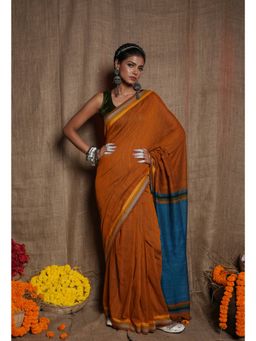 Unnati Silks - Bronze Orange Blue Pure Plain Linen Saree with Tassels UNM72863 with Unstitched Blouse