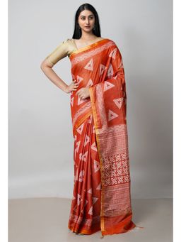 Unnati Silks - Bronze Orange Block Printed Chanderi Cotton Silk Saree UNM72895 with Unstitched Blouse