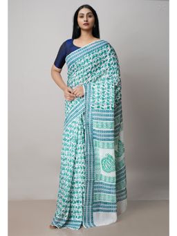 Unnati Silks - White Pure Block Printed Cotton Saree with Kalamkari Unstitched Blouse UNM72903