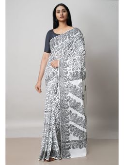 Unnati Silks - White Pure Block Printed Cotton Saree with Kalamkari Unstitched Blouse UNM72909