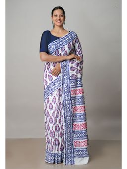 Unnati Silks - White Pure Block Printed Cotton Saree with Kalamkari Unstitched Blouse UNM72931