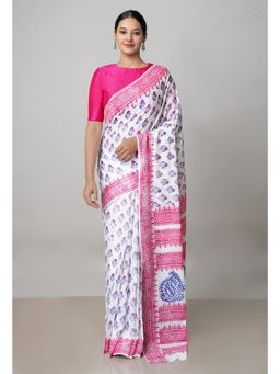 Unnati Silks - White Pure Block Printed Cotton Saree with Kalamkari Unstitched Blouse UNM72933