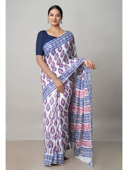 Unnati Silks - White Pure Block Printed Cotton Saree with Kalamkari Unstitched Blouse UNM72936