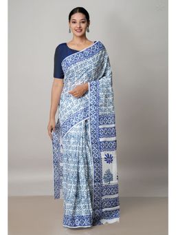 Unnati Silks - White Pure Block Printed Cotton Saree with Kalamkari Unstitched Blouse UNM72937
