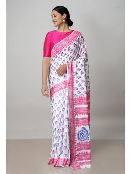 Unnati Silks - White Pure Block Printed Cotton Saree with Kalamkari Unstitched Blouse UNM72938