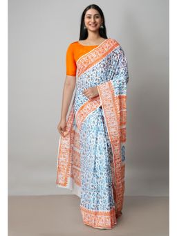 Unnati Silks - White Pure Block Printed Cotton Saree with Kalamkari Unstitched Blouse UNM72939
