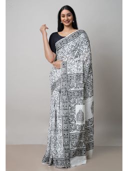 Unnati Silks - White Pure Block Printed Cotton Saree with Kalamkari Unstitched Blouse UNM72940