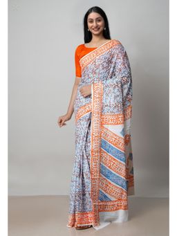 Unnati Silks - White Pure Block Printed Cotton Saree with Kalamkari Unstitched Blouse UNM72941
