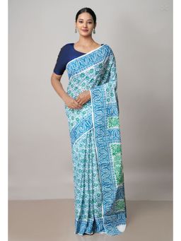 Unnati Silks - White Pure Block Printed Cotton Saree with Kalamkari Unstitched Blouse UNM72942