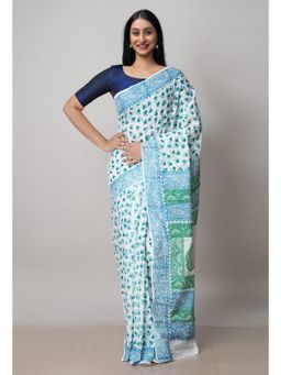 Unnati Silks - White Pure Block Printed Cotton Saree with Kalamkari Unstitched Blouse UNM72943