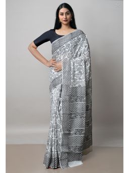 Unnati Silks - White Pure Block Printed Cotton Saree with Kalamkari Unstitched Blouse UNM72945