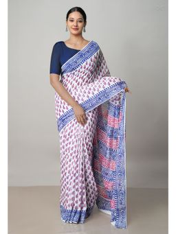 Unnati Silks - White Pure Block Printed Cotton Saree with Kalamkari Unstitched Blouse UNM72948