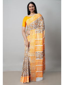 Unnati Silks - White Pure Block Printed Cotton Saree with Kalamkari Unstitched Blouse UNM72949