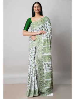 Unnati Silks - White Pure Block Printed Cotton Saree with Kalamkari Unstitched Blouse UNM72950